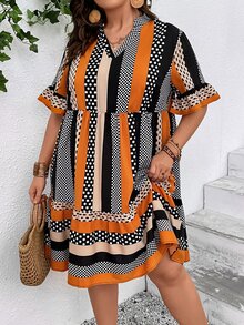 SHEIN VCAY Vestido con estampado de lunares y rayas de manga con volante bajo con fruncido