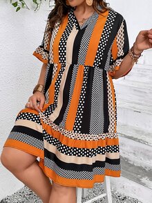 SHEIN VCAY Vestido con estampado de lunares y rayas de manga con volante bajo con fruncido