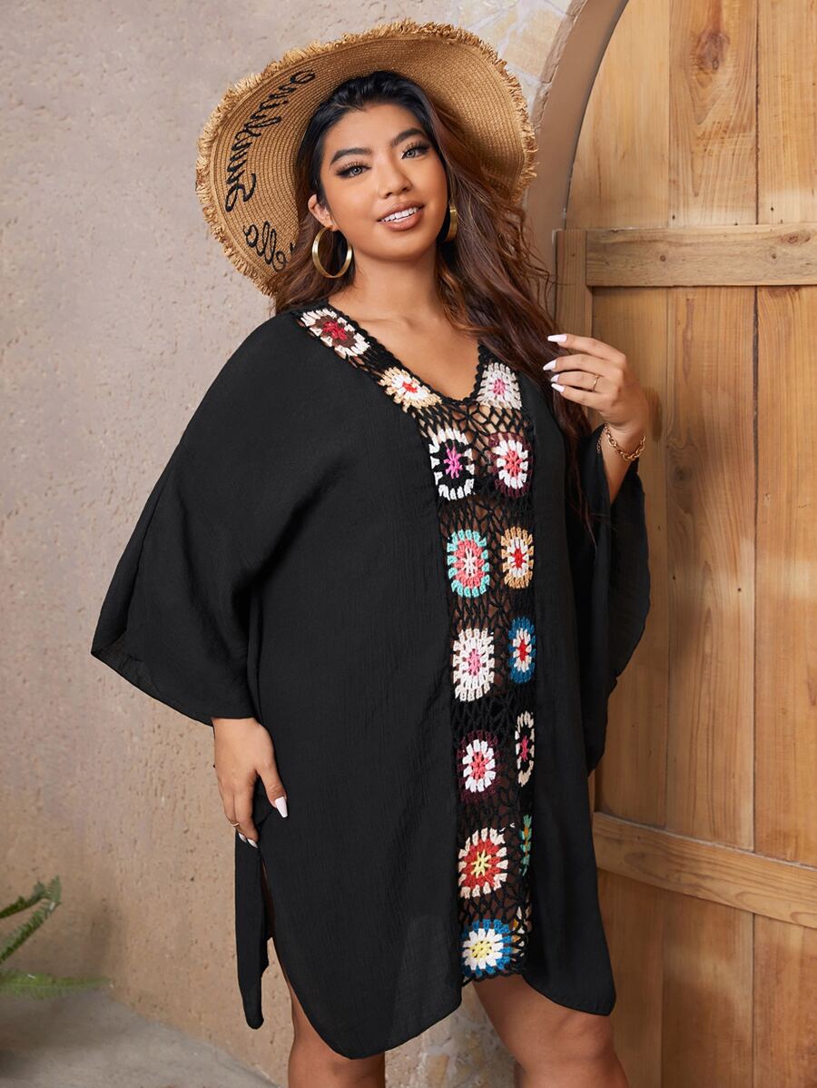 SHEIN Swim Curve Plus Crochet Insert Batwing Sleeve Split Hem Cover Up Dress - Black - View 1