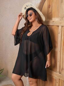 SHEIN Swim Curve Plus Chain Detail Dolman Sleeve Chiffon Dress Without Bikini Set - Black - View 4