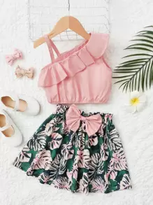 SHEIN Bộ thời trang bé gái Bất đối xứng Xù Nơ trước Nhiệt đới Boho - Nhiều màu - Xem 1