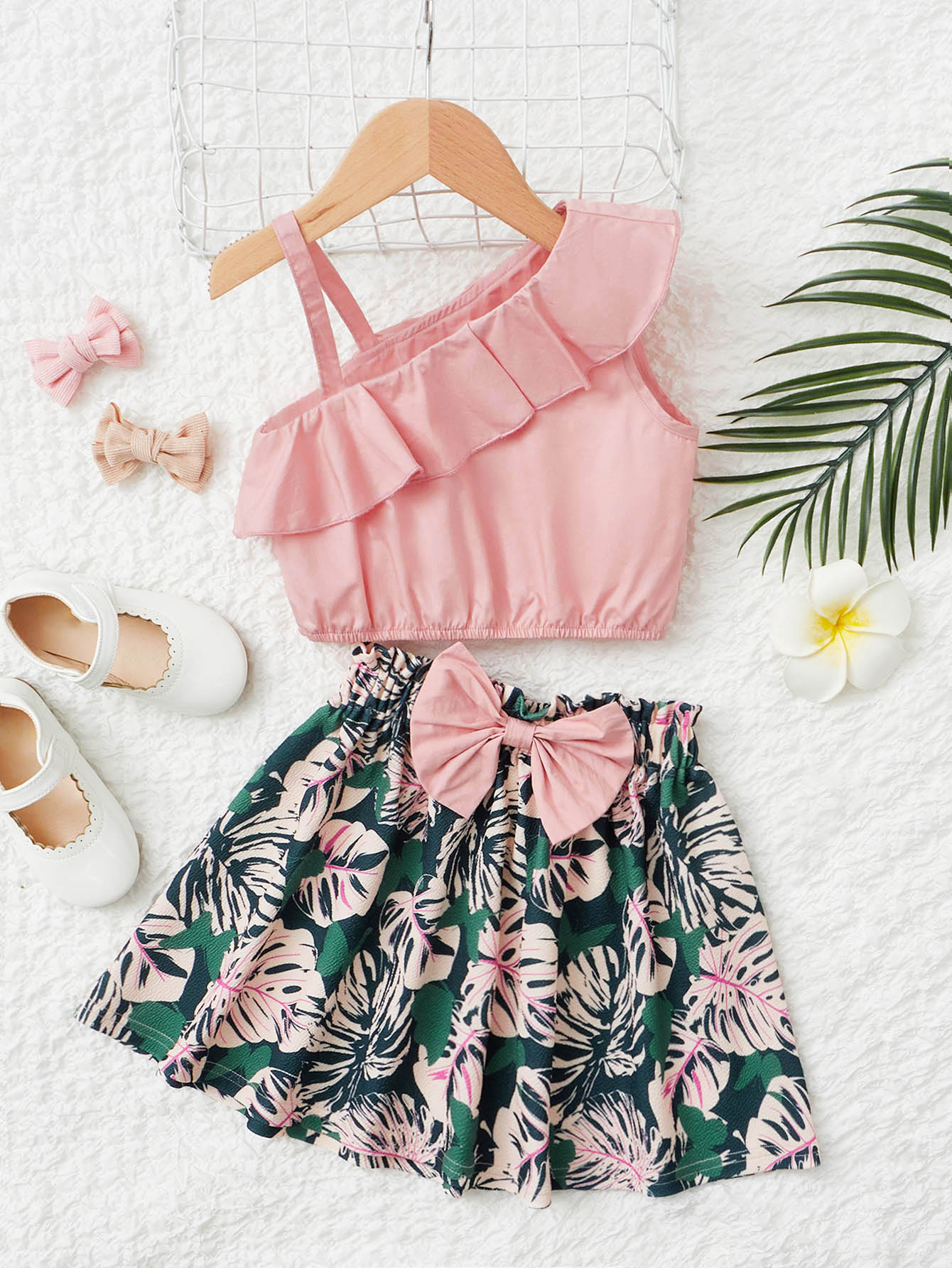 SHEIN Bộ thời trang bé gái Bất đối xứng Xù Nơ trước Nhiệt đới Boho - Nhiều màu - Xem 1