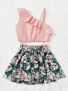 SHEIN Bộ thời trang bé gái Bất đối xứng Xù Nơ trước Nhiệt đới Boho - Nhiều màu - Xem 2