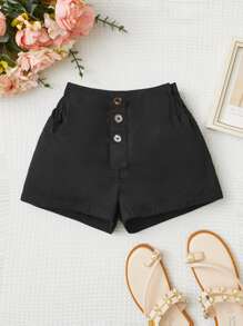 SHEIN Niñas Shorts con botón delantero - Negro - Ver 1