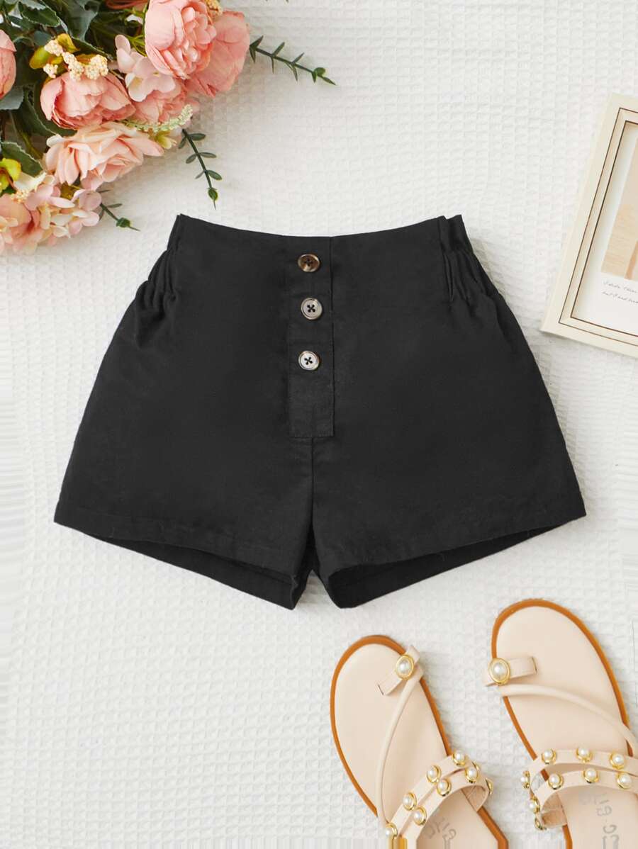 SHEIN Niñas Shorts con botón delantero - Negro - Ver 1