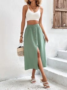 Breezaya Váy nữ Nút phía trước màu trơn Giải trí - màu xanh lá - Xem 1