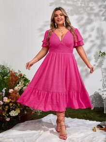 SHEIN VCAY Plus Plunge Neck Puff Sleeve Ruffle Hem Dress - Hot Pink - View 1
