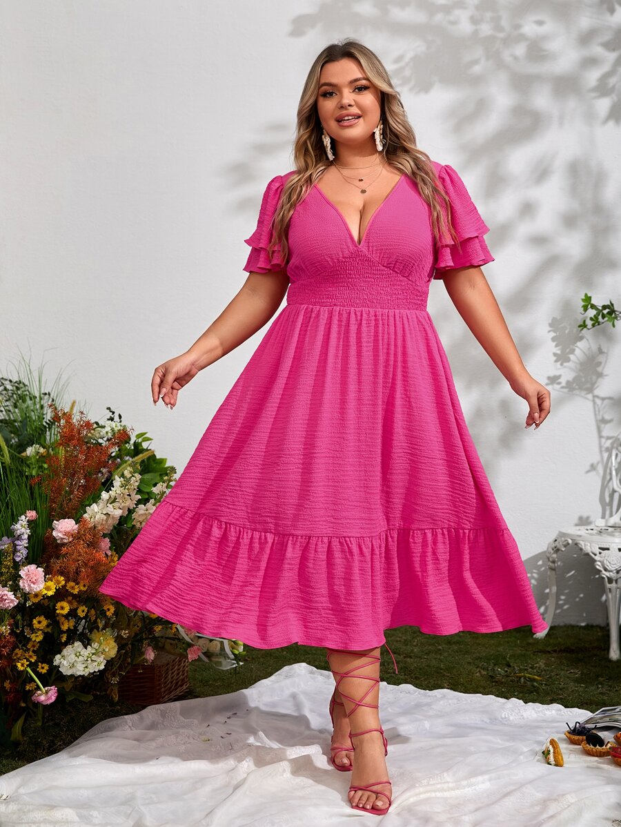 SHEIN VCAY Plus Plunge Neck Puff Sleeve Ruffle Hem Dress - Hot Pink - View 1