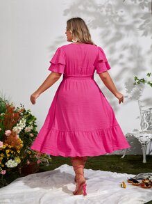 SHEIN VCAY Plus Plunge Neck Puff Sleeve Ruffle Hem Dress - Hot Pink - View 2