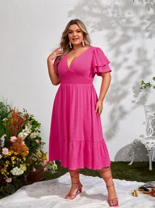 SHEIN VCAY Plus Plunge Neck Puff Sleeve Ruffle Hem Dress - Hot Pink - View 3
