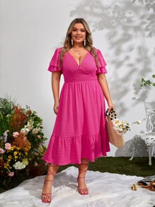 SHEIN VCAY Plus Plunge Neck Puff Sleeve Ruffle Hem Dress - Hot Pink - View 4