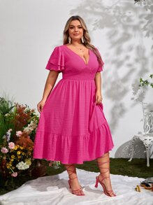 SHEIN VCAY Plus Plunge Neck Puff Sleeve Ruffle Hem Dress - Hot Pink - View 5