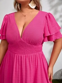 SHEIN VCAY Plus Plunge Neck Puff Sleeve Ruffle Hem Dress - Hot Pink - View 6