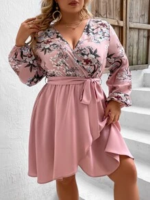 SHEIN VCAY Plus Floral Print Lantern Sleeve Wrap Belted Dress - Multicolor - View 3