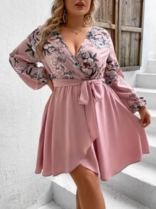 SHEIN VCAY Plus Floral Print Lantern Sleeve Wrap Belted Dress - Multicolor - View 2