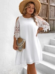 SHEIN VCAY Plus Contrast Guipure Lace Cold Shoulder Dress - White - View 4