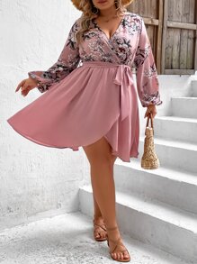 SHEIN VCAY Plus Floral Print Lantern Sleeve Wrap Belted Dress - Multicolor - View 5