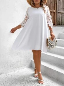 SHEIN VCAY Plus Contrast Guipure Lace Cold Shoulder Dress - White - View 5