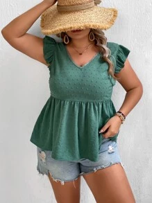 SHEIN VCAY Plus Swiss Dot Ruffle Trim Peplum Blouse - Green - View 9