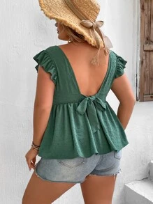 SHEIN VCAY Plus Swiss Dot Ruffle Trim Peplum Blouse - Green - View 3