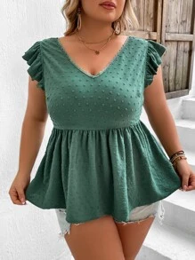 SHEIN VCAY Plus Swiss Dot Ruffle Trim Peplum Blouse - Green - View 5