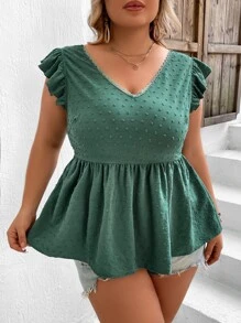 SHEIN VCAY Plus Swiss Dot Ruffle Trim Peplum Blouse - Green - View 6