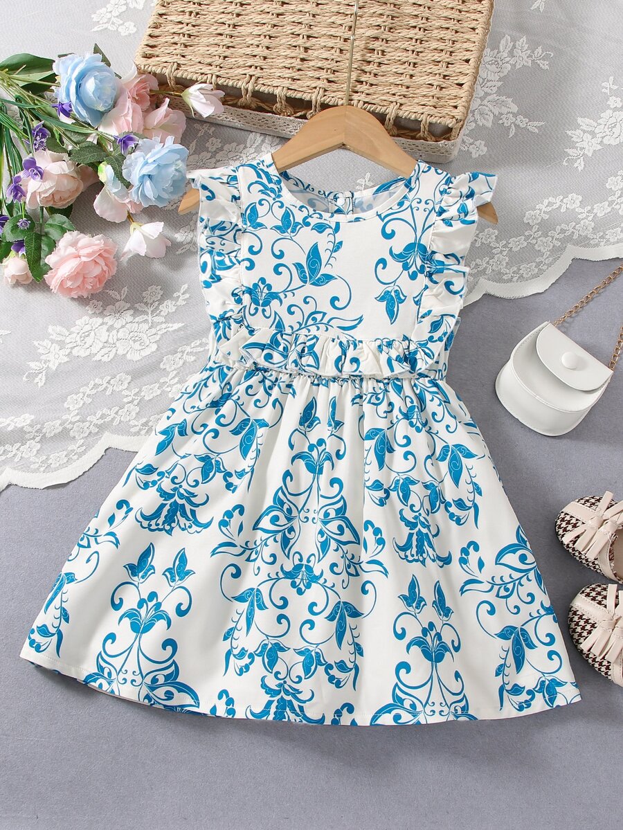 Toddler Girls Floral Print Ruffle Trim Dress - Blue and White - View 1