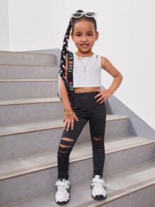 Toddler Girls Cut Out Tank Top & Ripped Leggings - Black and White - View 1