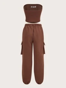 SHEIN ICON 字母圖案抹胸上衣和側翻蓋口袋衛褲 - 鏽棕色 - 查看 2