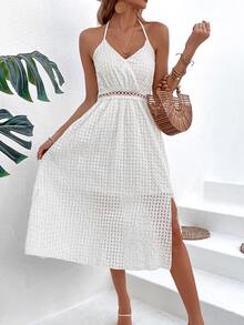SHEIN VCAY Đầm Lộ Lưng Tách cao màu trơn Gợi cảm - trắng - Xem 3