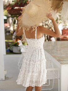 GENKIRA Đầm viền lá sen Viên lá sen Dải chun Họa tiết hoa Boho - trắng - Xem 2