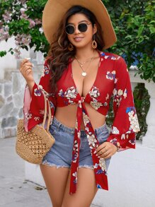 SHEIN Holidaya Plus Floral Print Knot Front Flounce Sleeve Crop Blouse - Multicolor - View 1