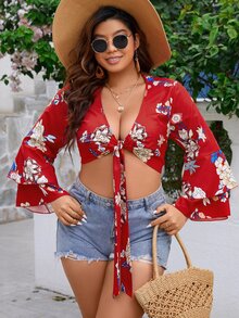 SHEIN Holidaya Plus Floral Print Knot Front Flounce Sleeve Crop Blouse - Multicolor - View 4