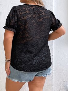 SHEIN LUNE Plus Floral Jacquard Puff Sleeve Shirt - Black - View 3