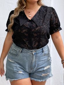 SHEIN LUNE Plus Floral Jacquard Puff Sleeve Shirt - Black - View 4