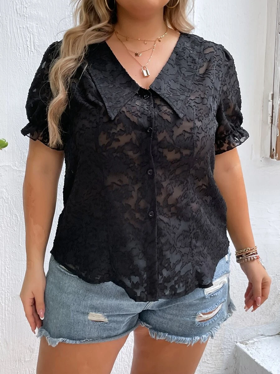 SHEIN LUNE Plus Floral Jacquard Puff Sleeve Shirt - Black - View 1