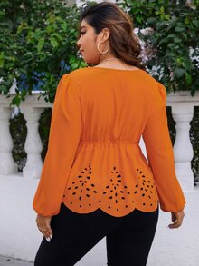 SHEIN Holidaya Plus Laser Cut Out Tassel Tie Neck Lantern Sleeve Tassel Tie Front Peplum Blouse