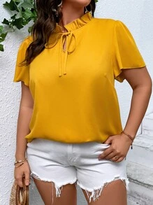 SHEIN LUNE Áo sơ mi Plus Size viền lá sen Thắt nơ trước màu trơn Giải trí - Màu Mù tạt vàng - Xem 3