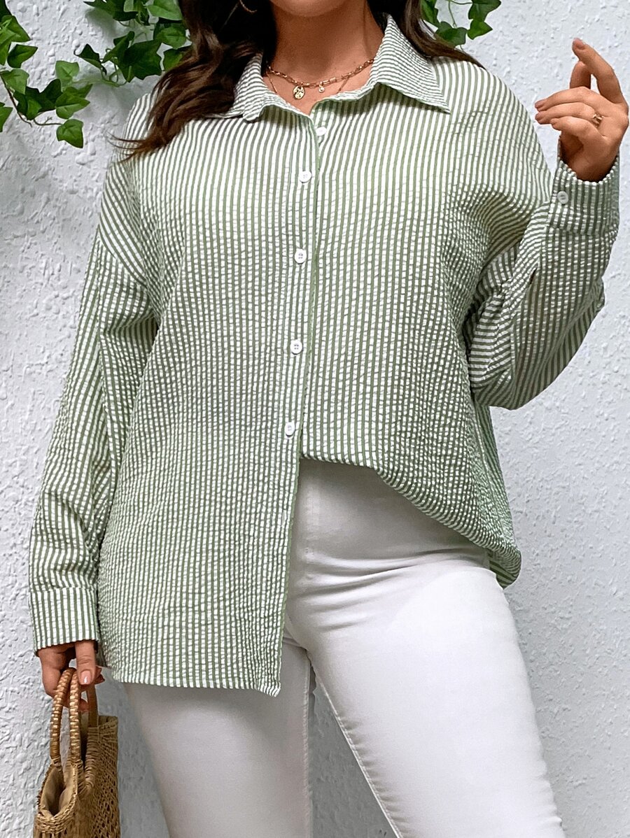 SHEIN Essnce Camisa con estampado de rayas de hombros caídos - Multicolor - Ver 1