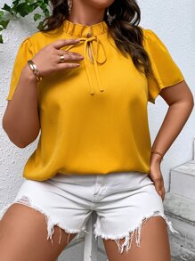SHEIN LUNE Áo sơ mi Plus Size viền lá sen Thắt nơ trước màu trơn Giải trí - Màu Mù tạt vàng - Xem 5