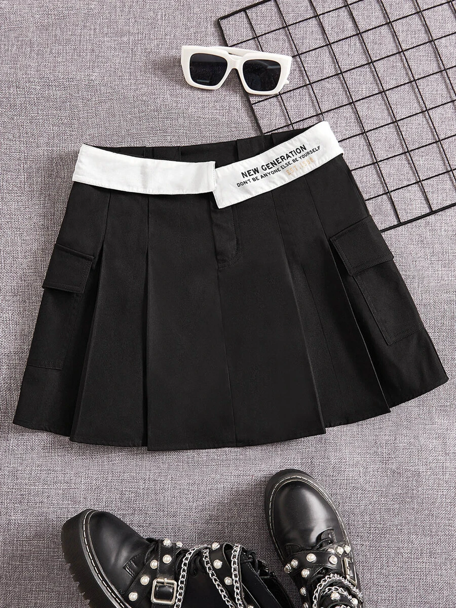 SHEIN EZwear 字母圖案翻蓋口袋百褶半身裙 - 黑色 - 查看 1