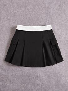 SHEIN EZwear 字母圖案翻蓋口袋百褶半身裙 - 黑色 - 查看 2