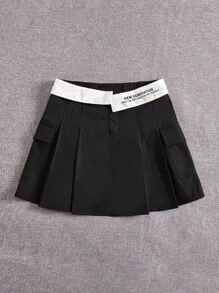 SHEIN EZwear 字母圖案翻蓋口袋百褶半身裙 - 黑色 - 查看 4