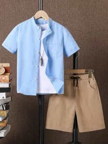 SHEIN Tween Boy Patched Pocket Shirt & Shorts Without Tee - Multicolor - View 1