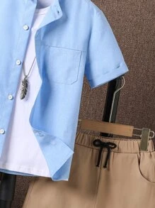 SHEIN Tween Boy Patched Pocket Shirt & Shorts Without Tee - Multicolor - View 5