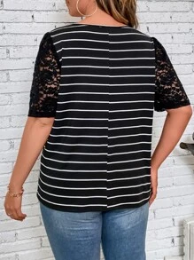 Flirla Áo thun Plus size Tương phản ren Thêu Tim Sọc Giải trí - màu đen - Xem 2