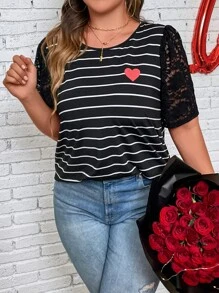 Flirla Áo thun Plus size Tương phản ren Thêu Tim Sọc Giải trí - màu đen - Xem 3