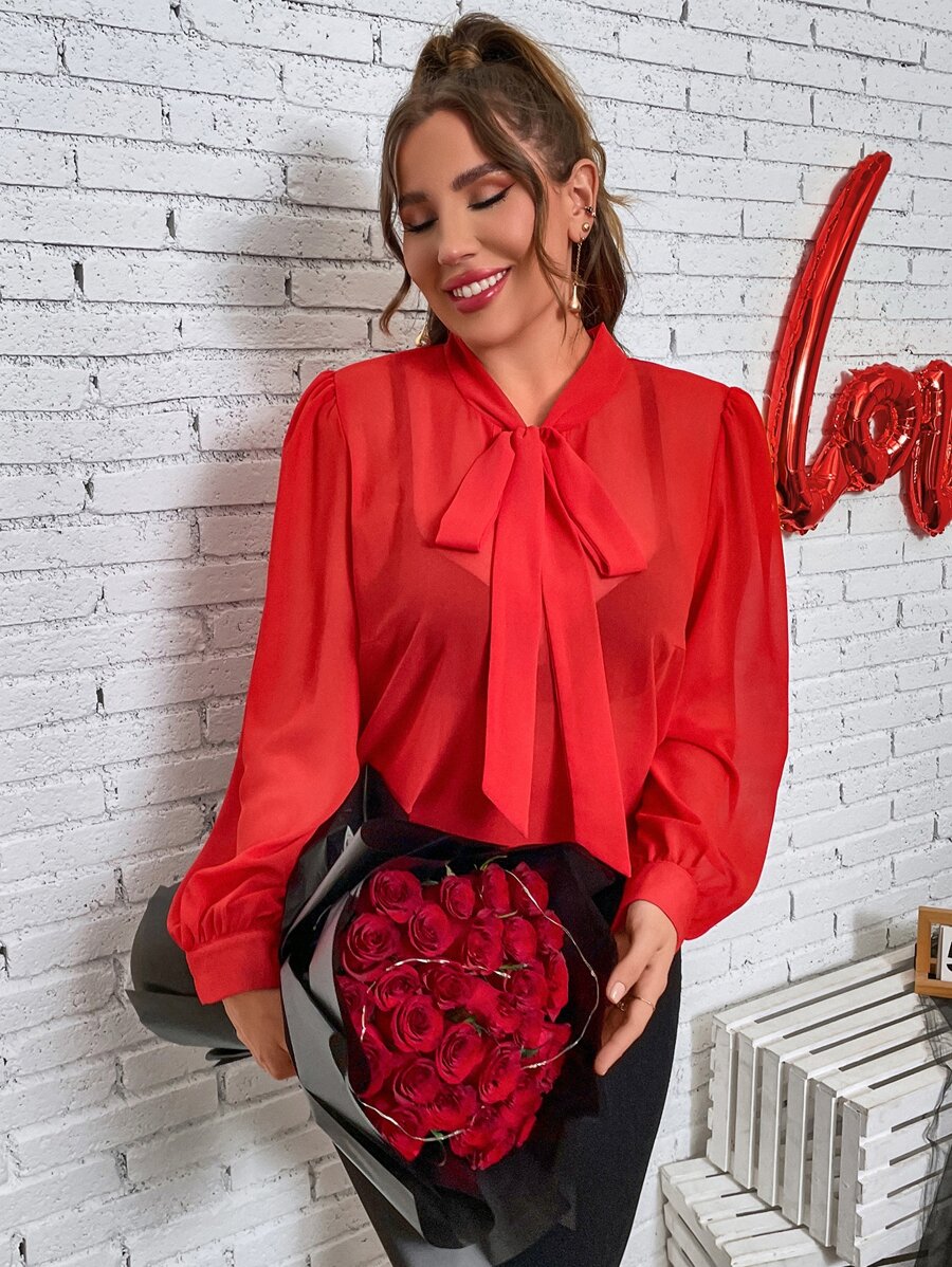 Calvaya Plus Tie Neck Lantern Sleeve Blouse - Red - View 1