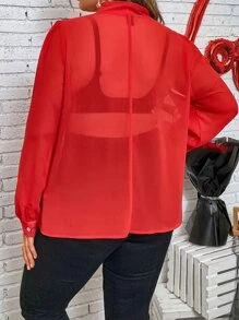 Calvaya Plus Tie Neck Lantern Sleeve Blouse - Red - View 2