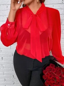 Calvaya Plus Tie Neck Lantern Sleeve Blouse - Red - View 4